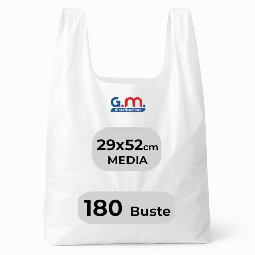 GM 180 Buste Spesa 29x52 cm Biodegradabili e Compostabili Bianche con Manico, Shopper Resistenti per Negozi, Mercati, Attività Commerciali e Consegne (Misura Media)
