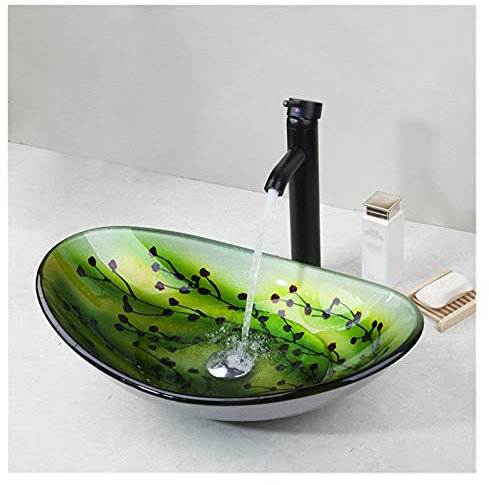 Waschtisch-Waschbecken, grünes ovales Glaswaschbecken, Waschtisch-Waschbecken, Badezimmer-Waschbecken, schwarzes Wasserhahn-Set, Badezimmer-Waschbecken