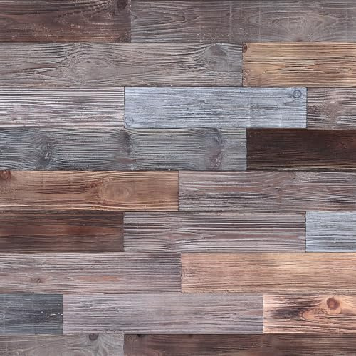 GNIYNAY Peel and Stick Wall Panels, Real Solid Wood Planks, Rustic Reclaimed Barn Wood Paneling for Accent Walls, Brown Gray Combinations, 1 sq. m