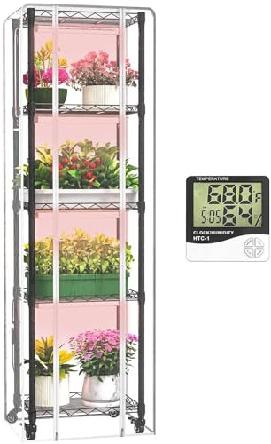 sagrynfp Serra da interni con luce incandescente, 40 W, lampada a incandescenza a spettro completo per avvio di semi, mini serra a 5 ripiani 30 x 30 x 160 cm, mensola luminosa con tenda e termometro