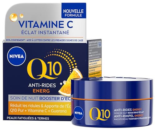 NIVEA Q10 Energy Soin de Nuit Booster d'éclat (1x50 ml), crème anti rides enrichie en Q10 pur & Vitamine C, soin anti-âge pour un teint éclatant, crème visage énergisante peaux ternes et fatiguées