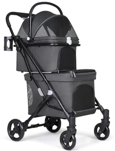 PIPONS Haustier-Kinderwagen Zusammenklappbarer Reise-Doppel-Haustier-Kinderwagen Für 2 Hunde Und Katzen, 4-Rad-Hundewagen Mit Abnehmbarem Träger Für Katzen Und Hunde Hunde-Kinderwagen(Black)