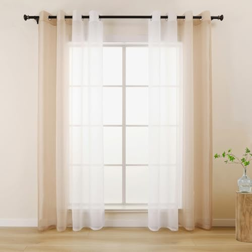 L.Z.E Gardinen Beige Weiß Farbverlauf, Transparente Vorhänge für Küche Wohnzimmer Esszimmer Fenster, 140 x 145 cm Kurz, 2er Set Voile Vorhang Gardine Schal mit Ösen, Ösenvorhang Dekorativ Und Leicht
