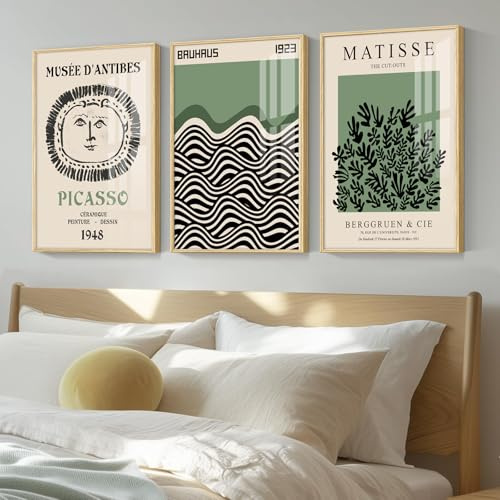Picasso Matisse Bauhaus Leinwand-Kunstdrucke, Set mit 3 Stück, Salbeigrün, modern, minimalistisch, Wanddekoration, Bild, abstrakte Kunst, Gemälde, Poster, geeignet für Galerie, Schlafzimmer,