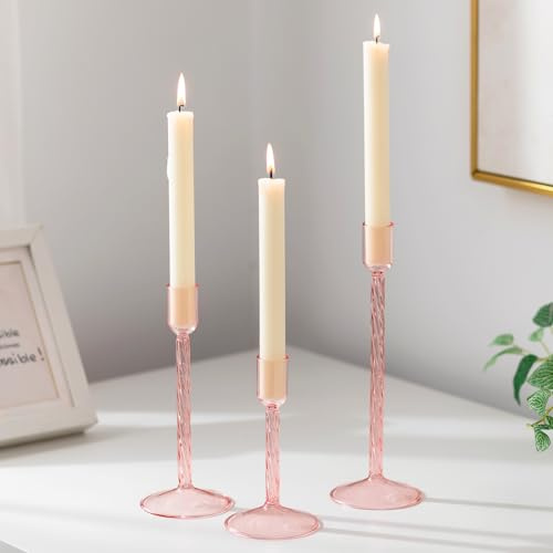Glasseam Rosa Glas Kerzenständer Stabkerzen: 3er Set Kerzenhalter Stabkerze Modern Stabkerzenhalter Glas für Tisch Deko Kerzenständer Weihnachten für Esstisch Hochzeit Geburtstag Dekoration