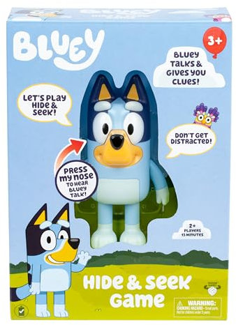 Bluey Hide & Seek Game, Hide the figure and press her nose to start the built-in timer, talks and giggles to help kids find her, When found, kids can Dance To Theme Song