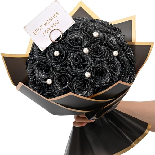 Waipfaru Schwarzer Glitzer Rosen Blumenstrauß, DIY gefälschter Blumenstrauß, künstlicher Rosenstrauß für Valentinstag Jahrestag Verlobung Hochzeit 36 Rosen