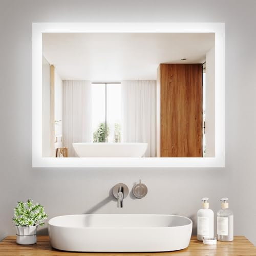 LOMIKEN Espejo de baño con iluminación – 80 x 60 x 3,5 cm espejo LED para baño, 6400 K blanco frío, marco de aluminio, cristal a prueba de explosiones, bordes de 40 mm de vidrio esmerilado, ahorro de