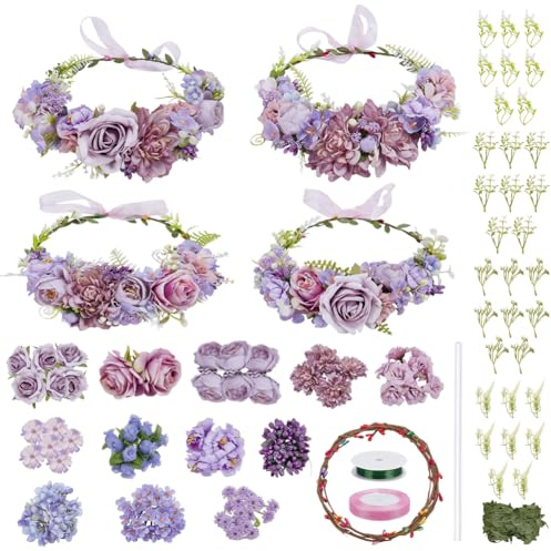 INFUNLY 4 Sets DIY lila Blumenkronen Kit Handgemachte Blumenkranz Stirnbänder Kit Verstellbare Rose Blatt Krone Herstellung Kit Lila Thema Blume Stirnband und Armbänder Kit für Frauen Geschenke Braut