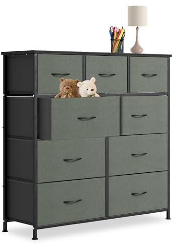 Froadp Kommode mit Schubladen aus Stoff Sideboard Wohnzimmer mit 9 Stoffschubladen Schubladenschrank Aufbewahrungsschrank Schubladenbox für Wohnzimmer Flur Schlafzimmer, Leinengrau