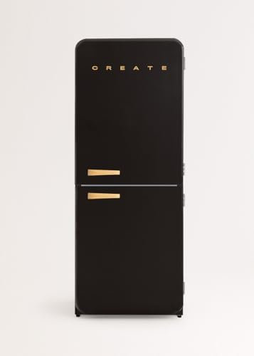 CREATE / RETRO FRIDGE COMBI 185 WOOD/Réfrigérateur combiné noir avec poignée en bois et congélateur 401L / 190W, système No Frost, 3 étagères, 2 tiroirs, 70x65x185 cm