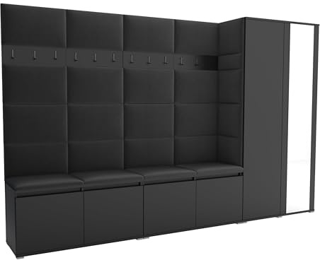 Brent - Garderobenschrank Flur Schwarz mit sitzbank 290 cm Breit Luton 5 - Multifunktionale Flurgarderobe Set mit Stauraum und Wandpaneel, Garderobe mit Sitzfläche und Kleiderhaken