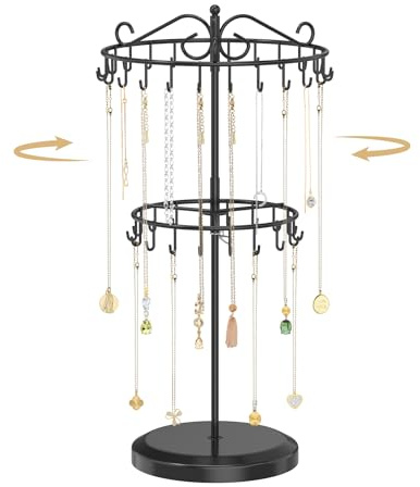 TANOSAN Kettenständer Schmuck Organizer mit 42 Haken, Schwarz, 2-stufig | Drehbarer Kettenhalter aus Metall, höhenverstellbar für lange und kurze Halsketten, Tangle-free Aufbewahrung für Damen Herren