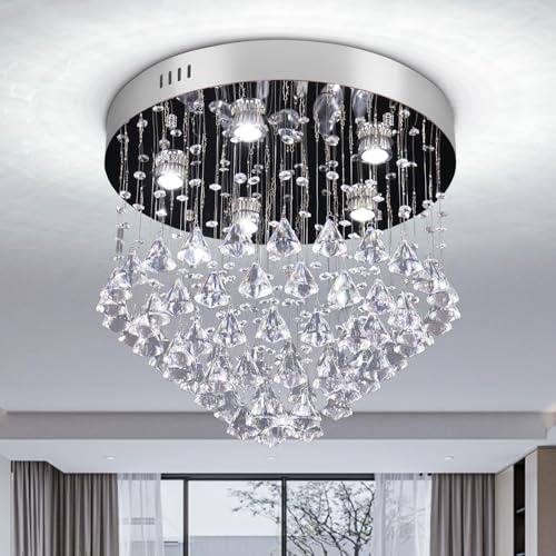 diisunbihuo Moderner Kristall-Kronleuchter rund, Flush-Mount Deckenlampe mit Kristalltropfen, 5×GU10 Fassungen, ohne Leuchtmittel – Edelstahl/Chrom, für Wohnzimmer/Esszimmer/Flur