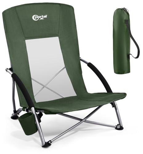 Portal Chaise de plage pliable légère - En tissu respirant - Charge maximale : 150 kg - Avec sac de transport - Porte-boisson - Pour la plage, le jardin, la randonnée