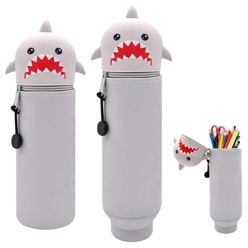 GmwyCzV Kawaii Federmäppchen, hai silikon bleistifttasche, 2-in-1 Weiche Silikontasche, Stand Up Federmäppchen, Tier Stifthalter, Cartoon Bleistifthalter Geeignet für Studium, Büro und Reisen (grau)