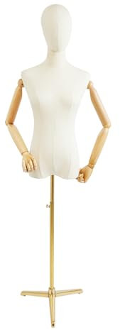 Schaufensterpuppe Weiblich, Schneiderpuppe mit Holz Armen, Mannequin Torso mit Verstellbare Höhe 65-120cm, Damenbüste Kleiderpuppe Ausstellungsstand (Gold, M)