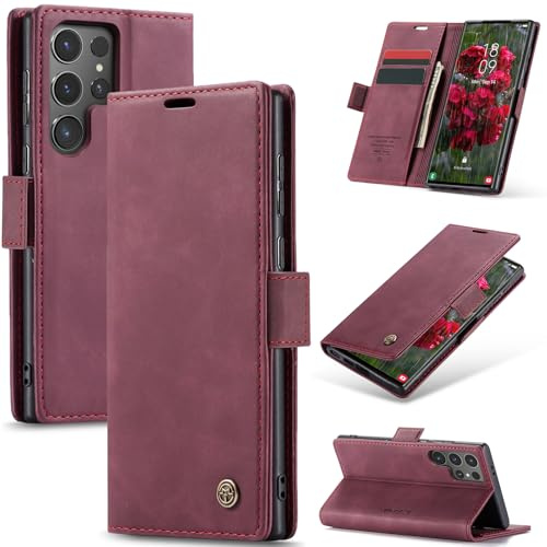 Samokor Handyhülle für Samsung Galaxy S23 Ultra 5G Magnet Leder Klapphülle | Premium Leder,Klappbar,Flip Case,Schutzhülle,Tasche,Kartenfach,Standfunktion,Stoßfest,Hülle für Samsung S23 Ultra,Weinrot
