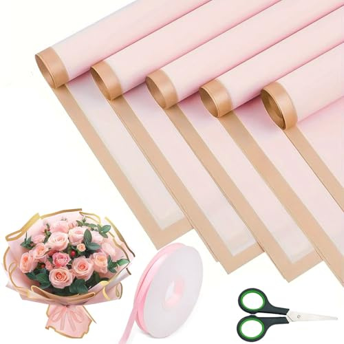 Bukett presentpapper, 20 ark dekoration presentpapper med 1 rulle 40 m band och 1 sax, vattentätt blomförpackningspapper för presentförpackningar blommor konst hantverk (rosa, 58 x 58 cm)