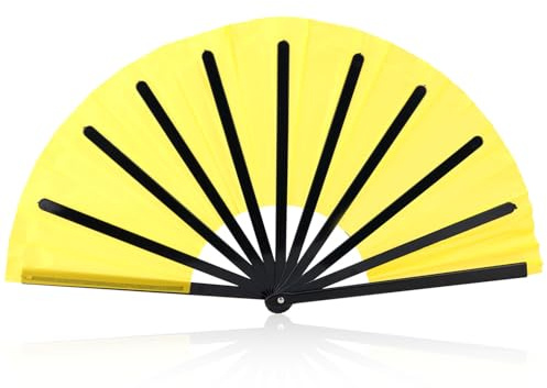 BOXOB Large Foldable Hand Fan, Plastic Fabric Rave Folding Held Handheld Fan Manual Portable for Line Dancing Wedding Party Decoration Performance Supplies (Yellow & Black)