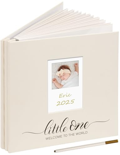 Vienrose Baby Self Adhesive Photo Album with DIY Photo Window Linen Cover Memory Book Morandi Colours, PVC Sleeve & 2 Decorative Cards Scrapbook Holds 6x4 Photos, 20 Sheets/40 Pages, Beige