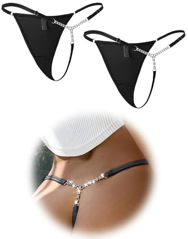 ohmydear Stringtrosa för kvinnor med glitter, sexig G-string med kedja, högskuren tangas för kvinnor med strass, stora storlekar, justerbara stringkalsonger, miniunderkläder, 2-pack svart, XS-S