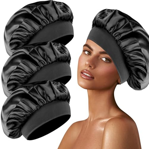 3 Stück Seidenhaube zum Schlafen Schlafhaube Seide Silk Bonnet Satin Bonnet | Sleep Cap Schlafhaube Haare Schützen Lockenhaube zum Schlafen Bonnet Seide Satin Haarhaube für Die Nacht(Schwarz)