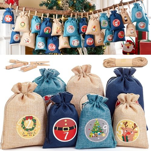 QINJIEJIE Weihnachtskalender 2026 – 24 Groß Gedruckte Jutesäckchen Tüten Adventskalender zum Selber Befüllen, Festliche Designs Geschenksäckchen zum Befüllen für Kinder & Erwachsene