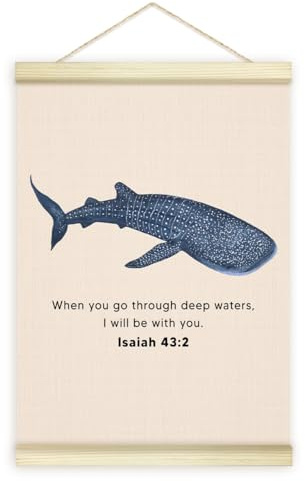 Utaqer Whale Shark Bible Verses Poster Hanger Frame, Isaiah 43:2 Wooden Canvas Art Print Hanging, Christian Wall Art Decor for for Bedroom Living Room Office Nursery Room, 12x16 Inches /011