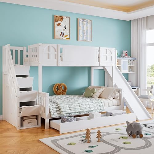 MQGPM Litera de 90 x 200 cm y 120 x 200 cm con tobogán y cajones, cama para niños con espacio de almacenamiento y somier, marco de cama con protección anticaídas, color blanco