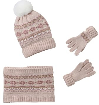 Vertbaudet Mädchen Set: Mütze, Rundschal & Handschuhe mit Jacquardmuster und goldenen Details rosa 86/98