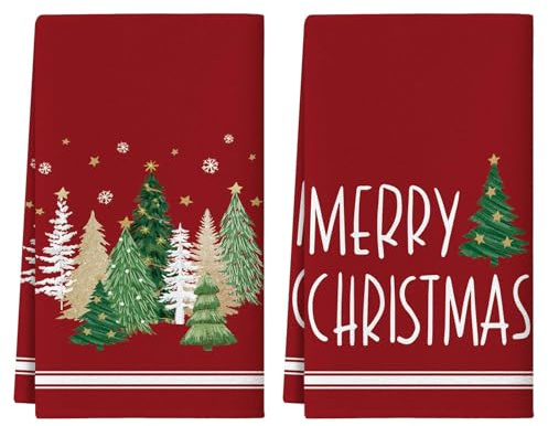 JOTOM 2er Set Weihnachten Geschirrtücher 45x65 cm, Mode Küchentücher Christmas Handtücher Weiche Mikrofasertücher für Badezimmer Küche Trockentücher Weihnachten Deko (Weihnachtsbaum Rot)