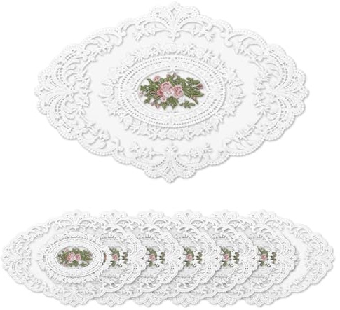 Komforbaa Retro Lace Embroidered Placemats,French Crochet Doilies,Set of 6 | 18in x 12in,Soft Elegant Breathable Vintage Style for Wedding Party,Home Decor,Table Decor,White