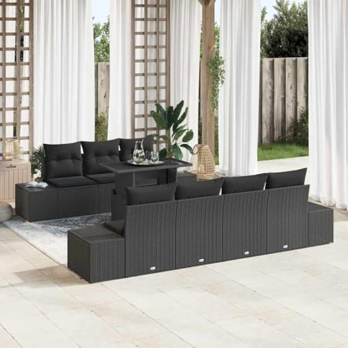 QZZCED Set di divani da giardino moderno a 3 posti, con tavolo in vetro e cuscini estraibili, set esterno in polyrattan tessuto e struttura in acciaio resistente alle intemperie e ai raggi UV