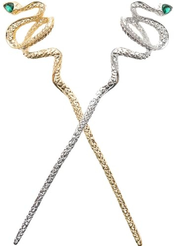 Toyvian Snake Gemstone Alloy Hair Pins 2pcs Chinese Hair Sticks Gold and Silver for Women Girls Traditional Cosplay
