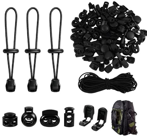 10m 3mm Cuerda Elástica, Acompañada de 40 Tapón de Cuerda y 40 Clips Duraderos, Cordón Elástico, Cordón de Goma Negra para Ropa, Mochilas y Proyectos DIY, Actividades al Aire Libre, Negro