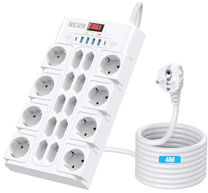 18 Uttage Grenuttag med 2100J Överspänningsskydd +4M Sladd, Beva Fleruttag med 2 Usb-C (15W)+ 4 Usb-A, Fleruttag Med Strömbrytare, Uttag För Kontor Och Hem