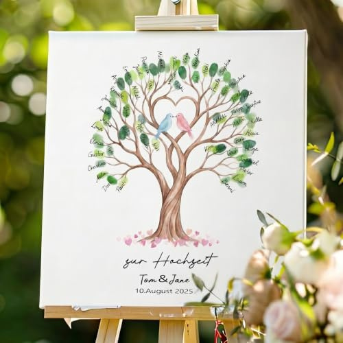 Tenare Gästebuch Hochzeit 50 x 50 cm, Leinwand mit Holzrahmen | Fingerabdruck Hochzeit mit Stempelkissen, Stift, Hochzeitsgeschenk, Hochzeitsbaum, Gästebuch Alternative für Hochzeitsgast