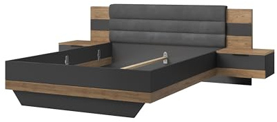 möbelando Preisbrecher Linea Bettanlage 296x210 cm | Doppelbett mit Polsterkopfteil & 2 Schubladen | Bartex Eiche/Graphit | Modernes Schlafzimmer-Möbel mit Stauraum