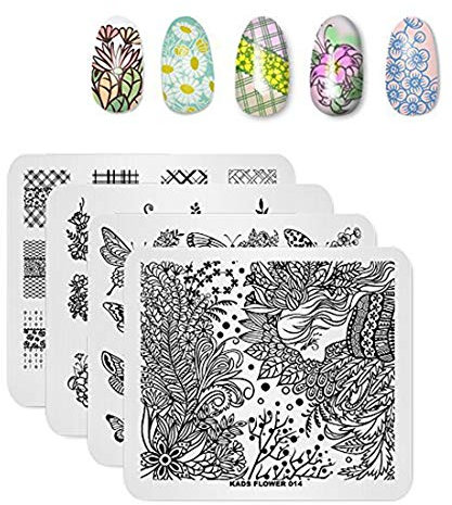 KADS Uñas arte estampado uñas arte manicura sellado imagen placa plantillas - paquete de 4