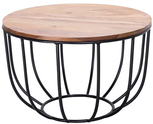WOHNLING Table Basse Ronde 60x60x39 cm Bois Massif Sheesham Table Panier