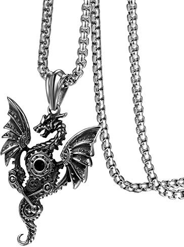 Flongo Herren-Kette Männer Anhänger Halskette, Edelstahl Halskette Kette Silber Schwarz Fliegende Drachen Gotik Biker Herren-Accessoires