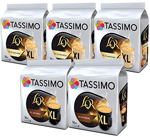 Tassimo Pack of 5 Classique XL & Intense XL Selection Coffee Pods, Each Pack 16 Pods (Total 80pods 80 Servings)