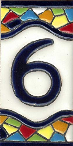TORO DEL ORO Numéros de maison. Lettres et chiffres en mosaïque. Céramique émaillée, technique de corde sèche peinte à la main. Noms et adresses. Motif mosaïque moyen 5,5x10,5 cm (Numéro six 6)