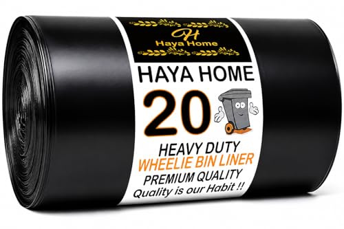 Haya Home 20 Heavy Duty Wheelie Bin Liners 240 Litre X Large Strong Thick Wheelie Bin Bags Black Refuse Sacks Trash Bags For Home, Garden Kitchen House Office Rubbish 100% Recycled Material