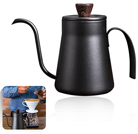 Porssaut Coffee Gooseneck Kettle Long Narrow Spout Pot Stainless Steel Pour Over Hand Drip Kettle Maker Hanging Ear with lid 400ml Quick Heating Matte Black