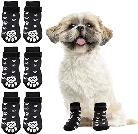 RANYPET 3 Paar Indoor Anti-Rutsch Socken für Hunde - Weicher Verstellbarer Pfotenschutz für Alter Hund mit Riemen Traktionskontrolle für den Innenbereich auf Hartholzböden S