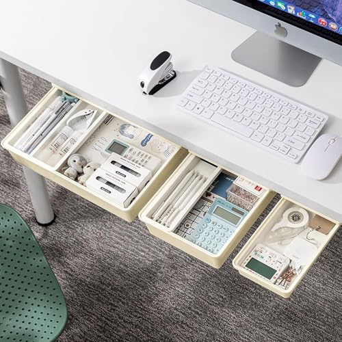 Jucoan 3 Pack Under Desk Drawer, Self-Adhesive Under Table Organizer, Hidden Drawers Pencil Tray, Attachable Desktop Organizer for Office School Home Desk, Beige, 3 Sizes