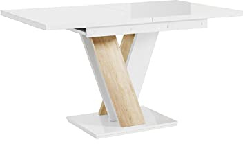 MEBLINI Esstisch Ausziehbar - Esszimmertisch Modern - Küchentisch - Säulentisch - Ausziehtisch - Dining Table - Esszimmertische - 120-160x80x75cm - MASIV - Weiß Hochglanz/Sonoma Eiche