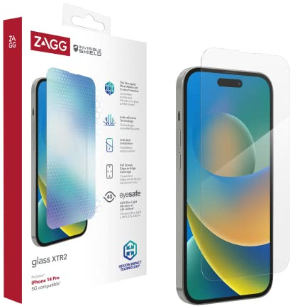 ZAGG InvisibleShield Glass XTR2 Proteggi Schermo in Vetro Temperato per iPhone 14 Pro [6,1], Copertura Totale, Anti-Riflesso, Filtro Blu, Alta Sens., Facile App., Antiurto (Trasparente)